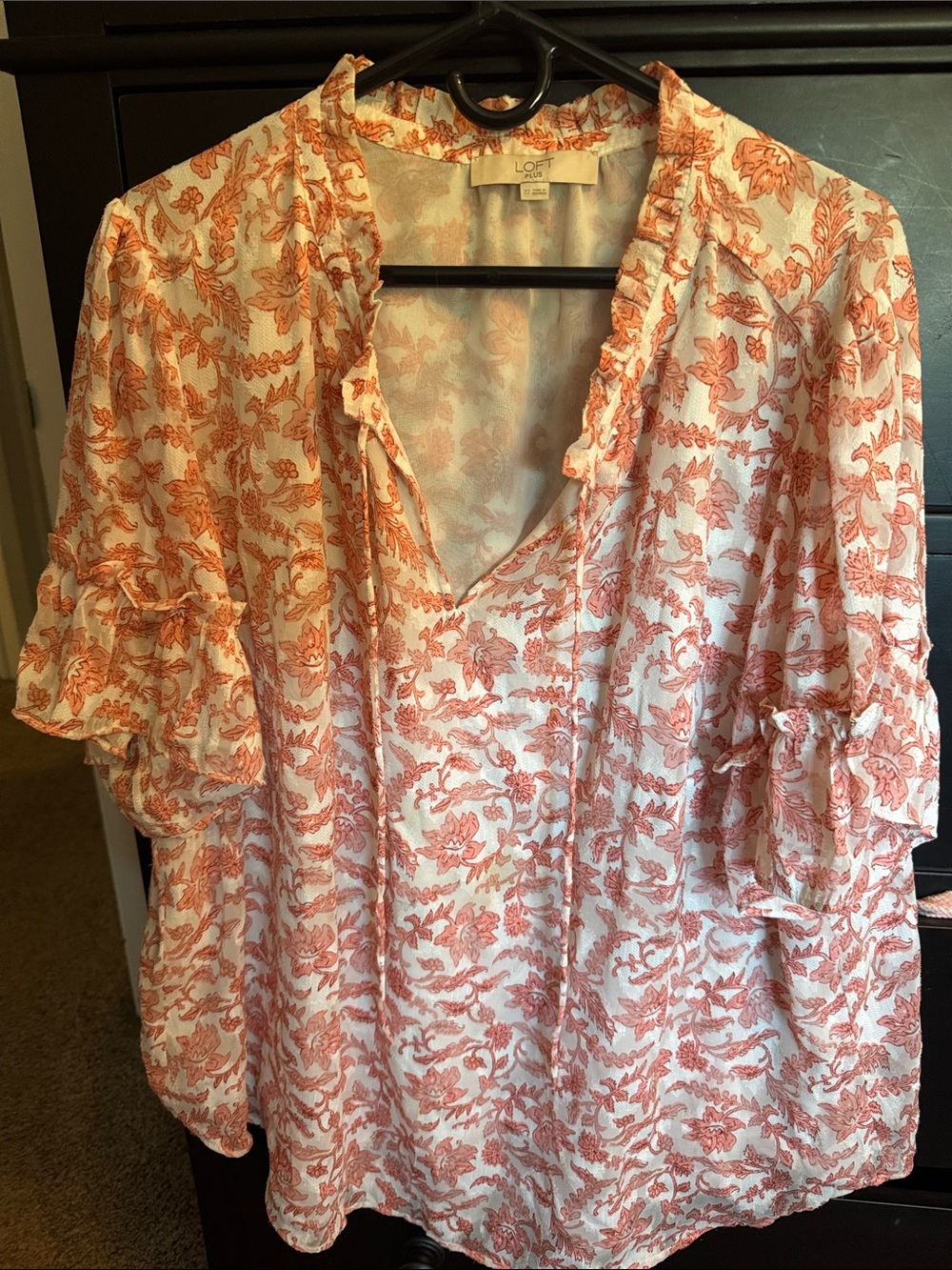 LOFT White Blouse with Coral Floral Print and Ruffle V-Neck